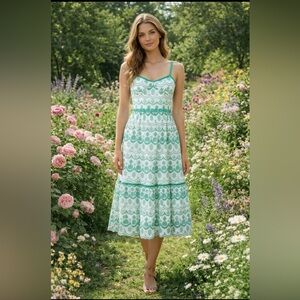 Adrianna Papell Green White Eyelet Embroidered Midi Dress Boho 10